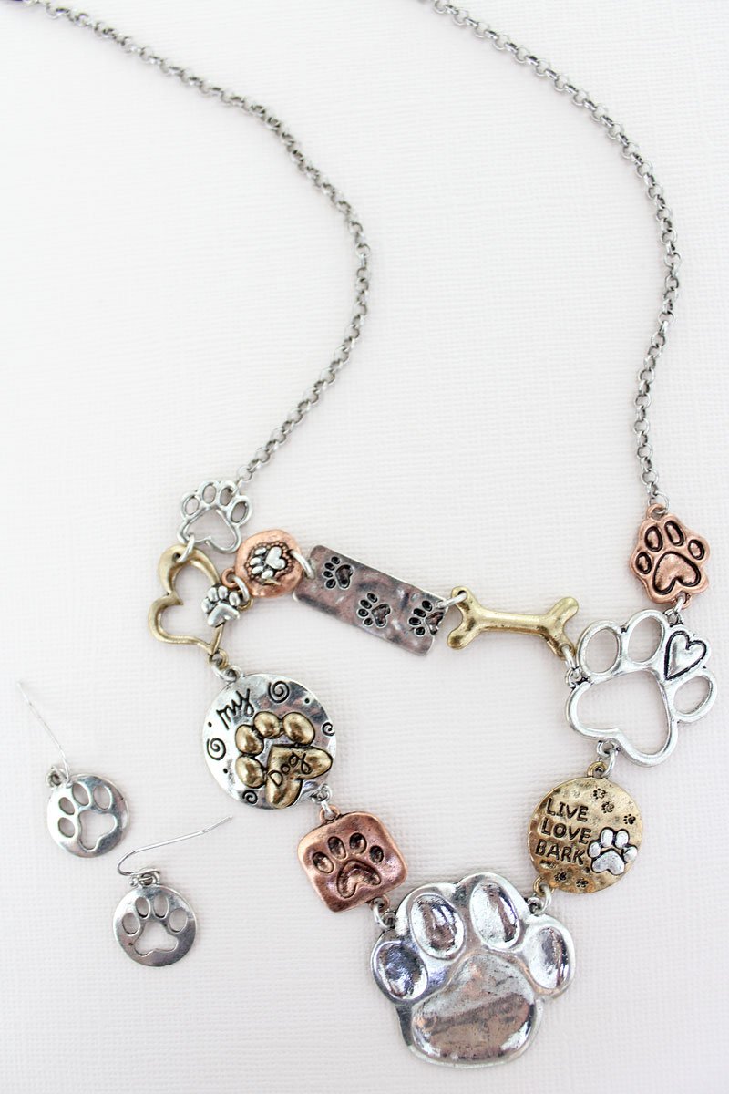 Tri Tone Dog Paws Necklace & Earrings Set
