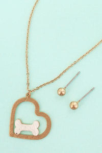 Dog Heart and Bone Goldtone Necklace & Earrings Set Blu Spot Inc.