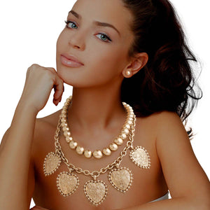 Burnished Gold-Plated Hearts & Pearls Necklace Set Blu Spot Inc.